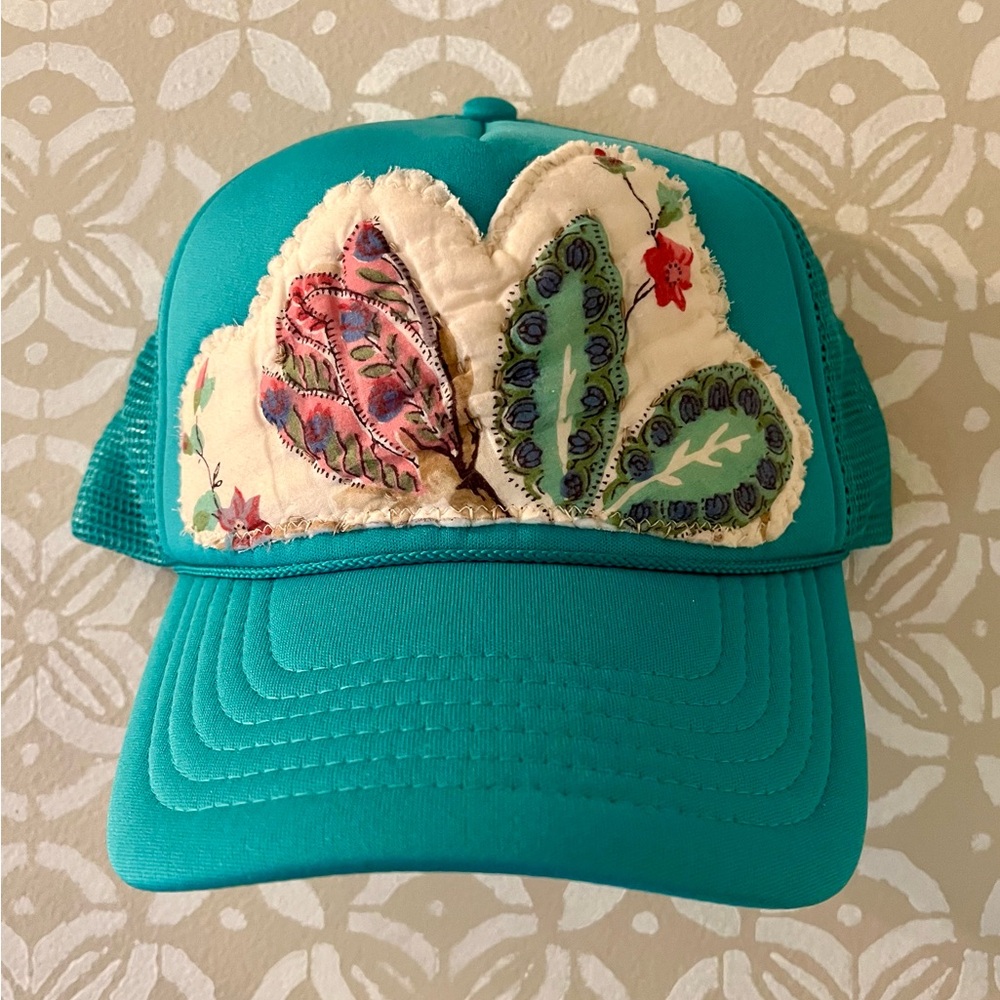 Teal Trucker Hat with Floral Quilted Patch